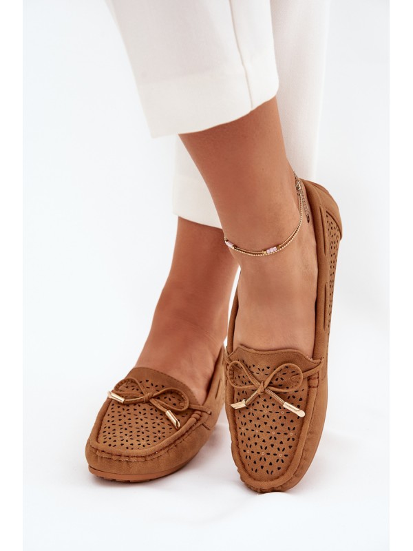 Ladies Moccasins With Perforated Pattern And Lacing Camel Mirisa