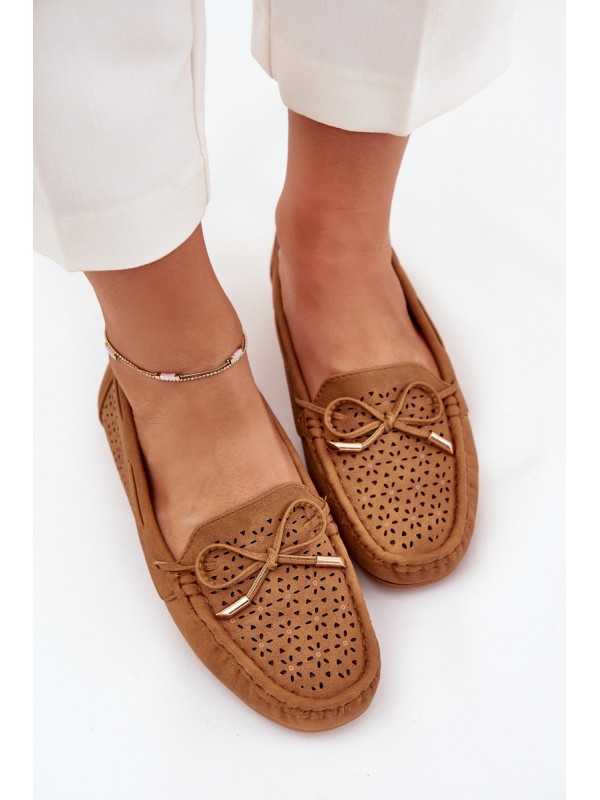 Ladies Moccasins With Perforated Pattern And Lacing Camel Mirisa 2