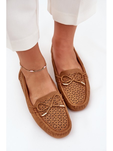 Ladies Moccasins With Perforated Pattern And Lacing Camel Mirisa