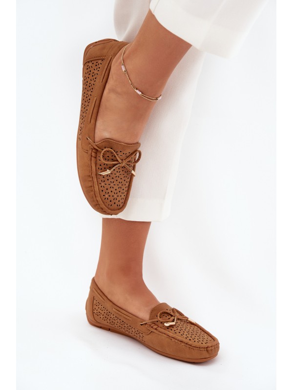 Ladies Moccasins With Perforated Pattern And Lacing Camel Mirisa
