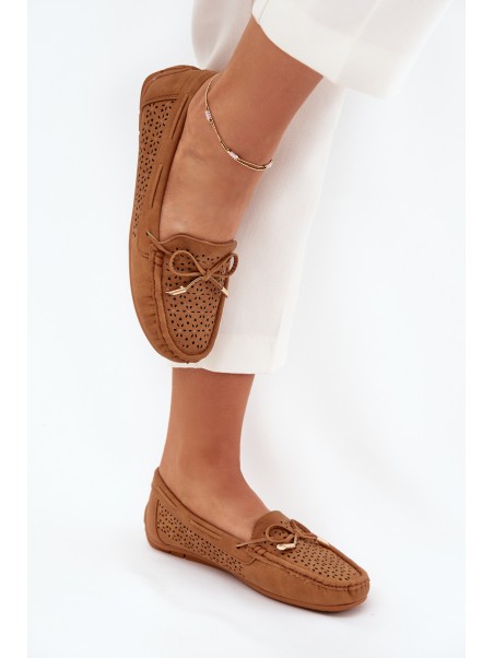 Ladies Moccasins With Perforated Pattern And Lacing Camel Mirisa