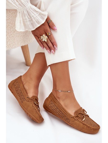 Ladies Moccasins With Perforated Pattern And Lacing Camel Mirisa
