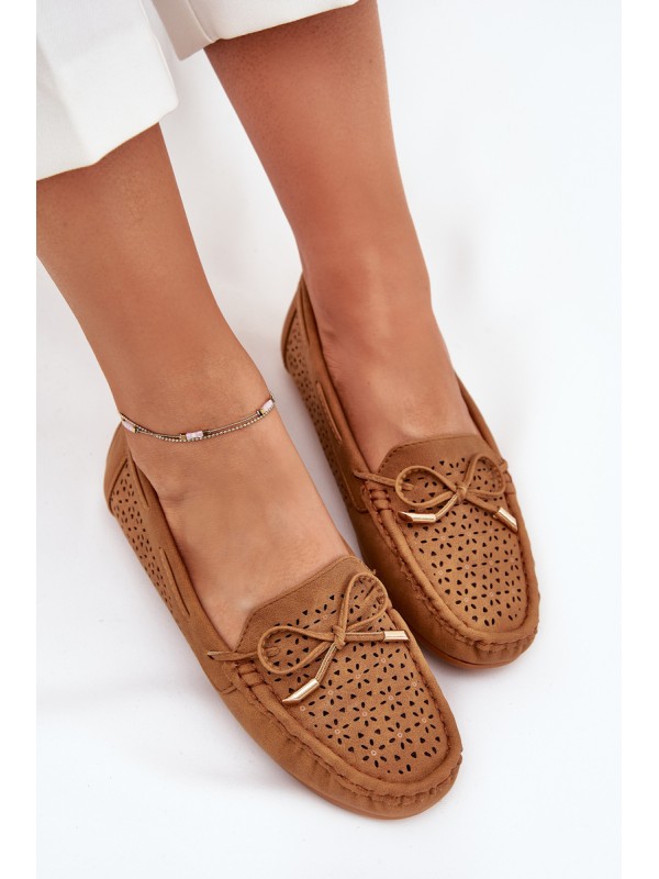 Ladies Moccasins With Perforated Pattern And Lacing Camel Mirisa