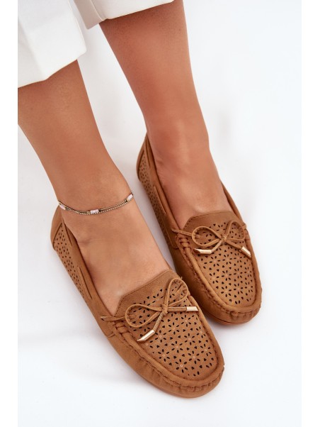 Ladies Moccasins With Perforated Pattern And Lacing Camel Mirisa
