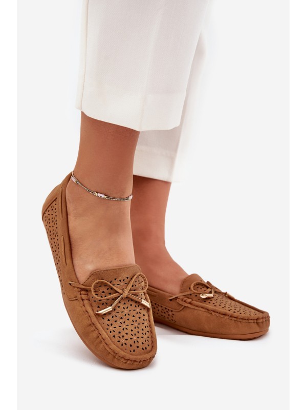 Ladies Moccasins With Perforated Pattern And Lacing Camel Mirisa