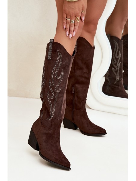 Women's Cowboy Boots With Decoration On Heel Chocolate Jovina