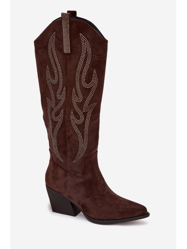 Women's Cowboy Boots With Decoration On Heel Chocolate Jovina