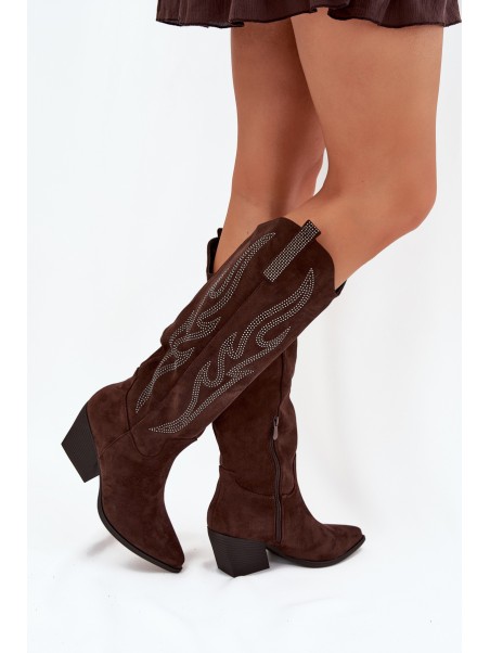 Women's Cowboy Boots With Decoration On Heel Chocolate Jovina