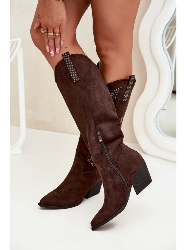 Women's Cowboy Boots With Decoration On Heel Chocolate Jovina
