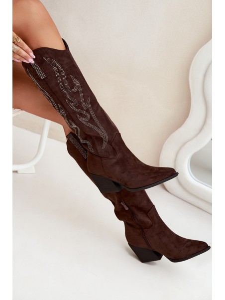 Women's Cowboy Boots With Decoration On Heel Chocolate Jovina