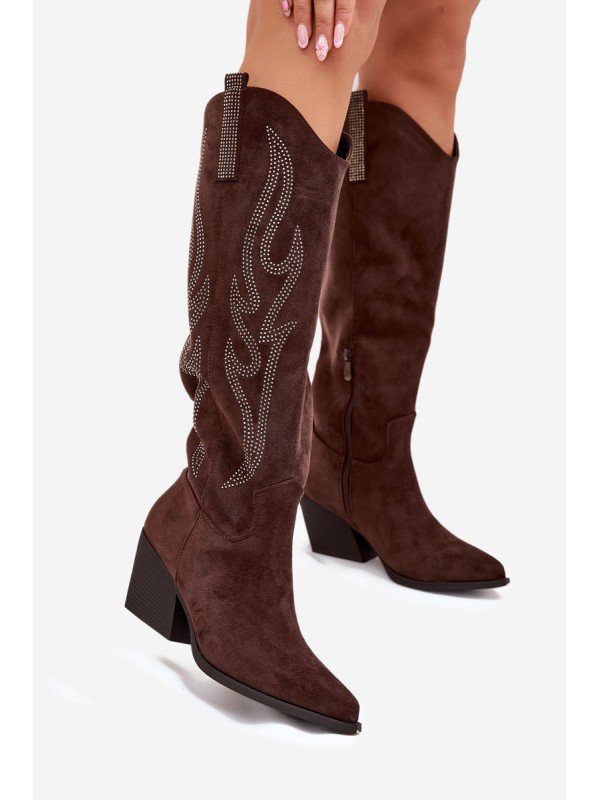 Women's Cowboy Boots With Decoration On Heel Chocolate Jovina