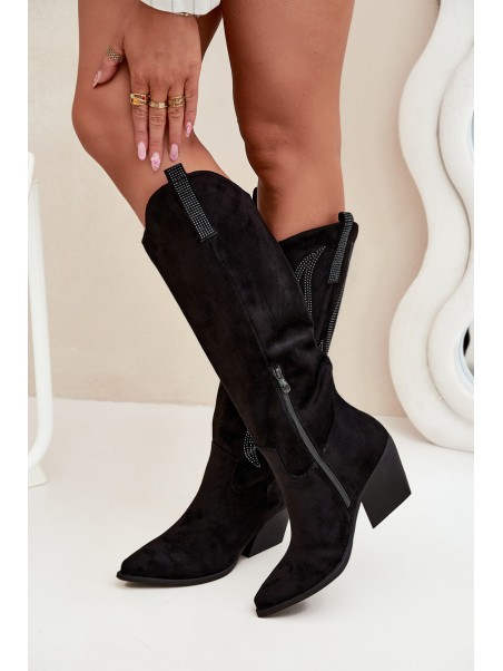 Women's Cowboy Boots With Decoration On Heel Black Jovina