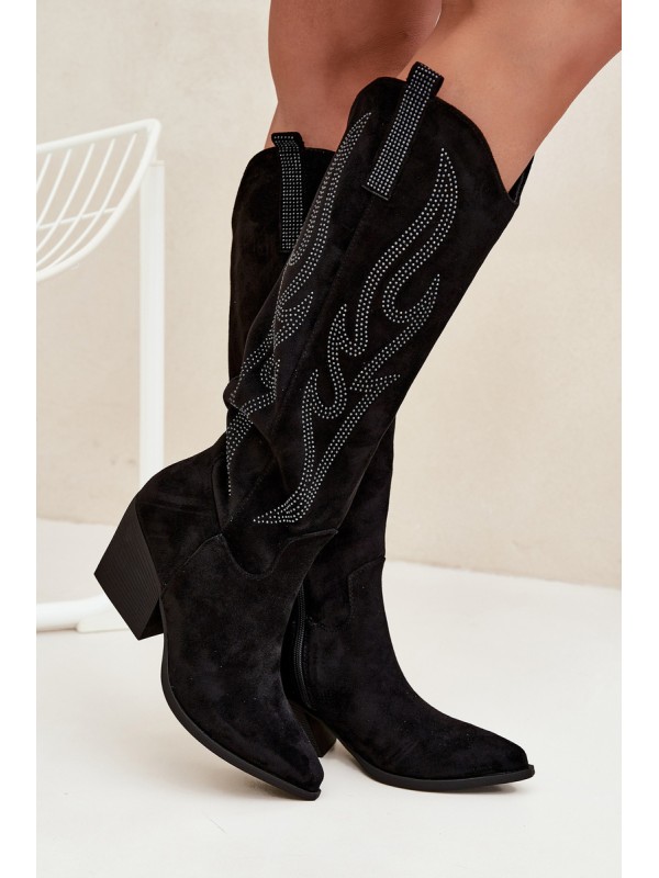 Women's Cowboy Boots With Decoration On Heel Black Jovina