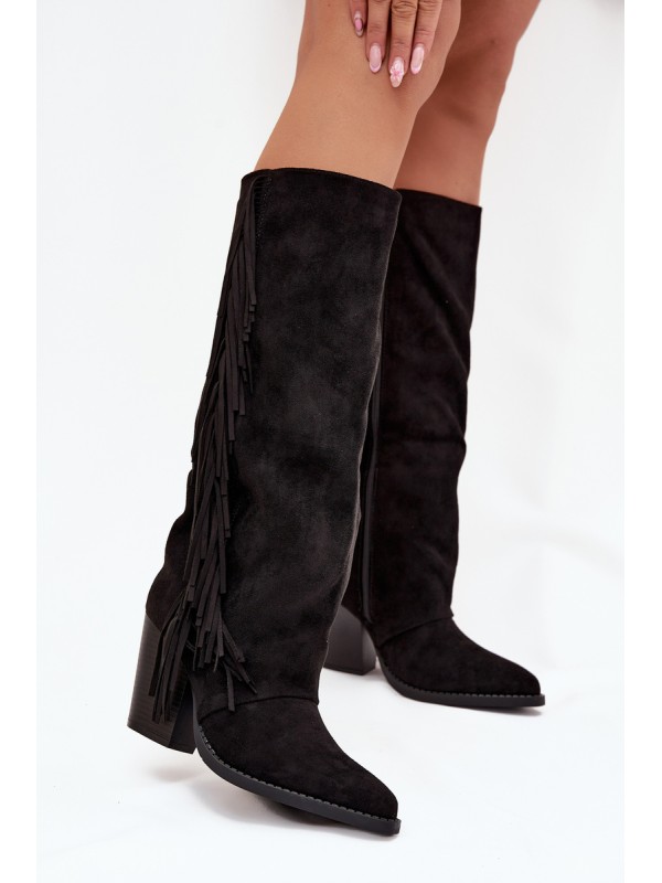 Women's Cowboy Boots With Fringes On A Heel Black Tivara