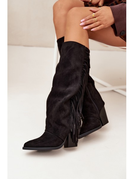 Women's Cowboy Boots With Fringes On A Heel Black Tivara