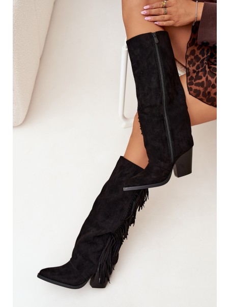 Women's Cowboy Boots With Fringes On A Heel Black Tivara