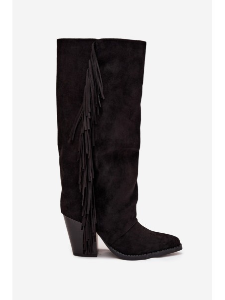Women's Cowboy Boots With Fringes On A Heel Black Tivara