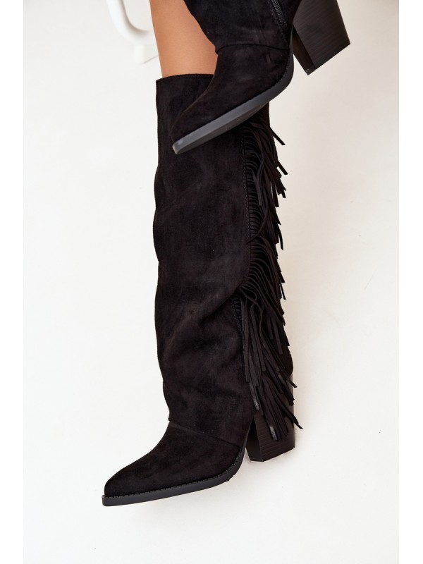 Women's Cowboy Boots With Fringes On A Heel Black Tivara