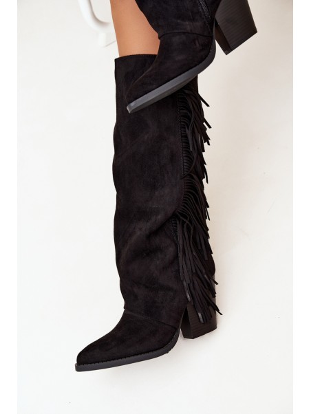 Women's Cowboy Boots With Fringes On A Heel Black Tivara