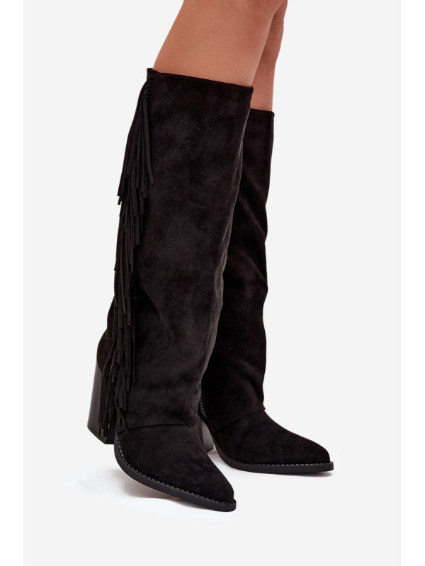 Women's Cowboy Boots With Fringes On A Heel Black Tivara
