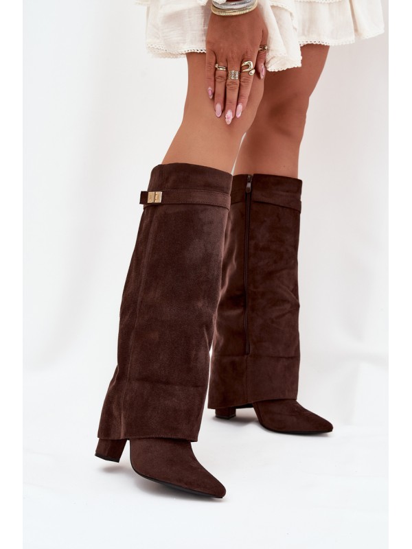 Eco Suede Boots Heel Block Zipper Insulated Folded Shaft Chocolate Evyra