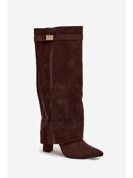 Eco Suede Boots Heel Block Zipper Insulated Folded Shaft Chocolate Evyra