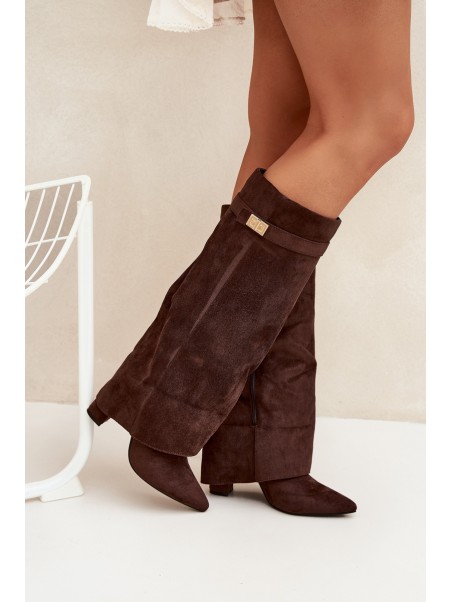 Eco Suede Boots Heel Block Zipper Insulated Folded Shaft Chocolate Evyra