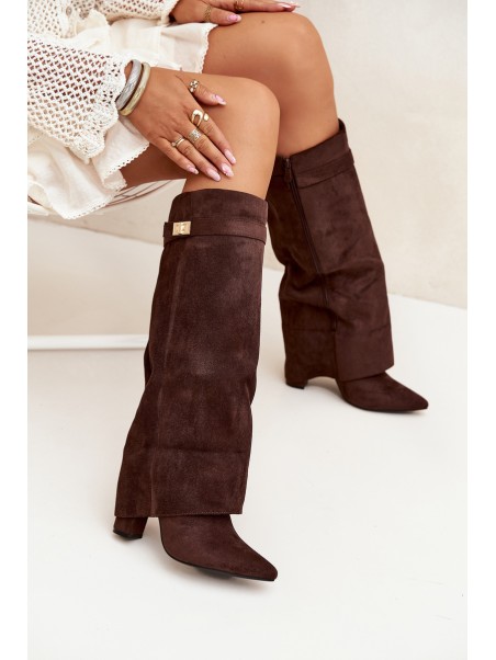 Eco Suede Boots Heel Block Zipper Insulated Folded Shaft Chocolate Evyra