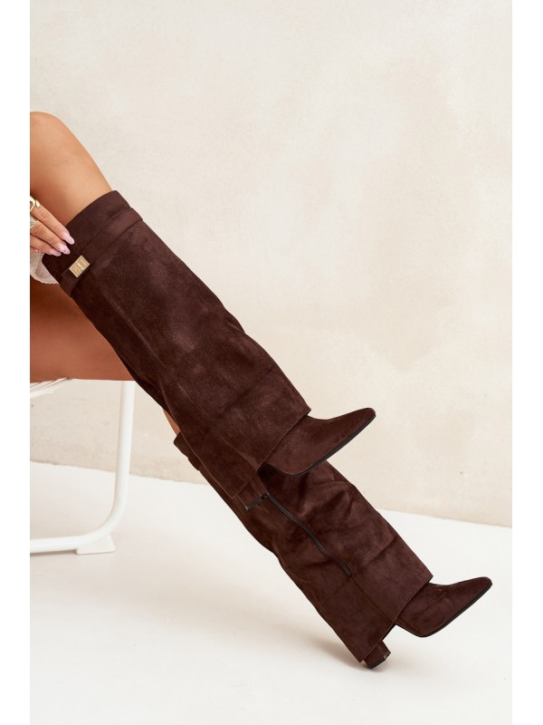 Eco Suede Boots Heel Block Zipper Insulated Folded Shaft Chocolate Evyra