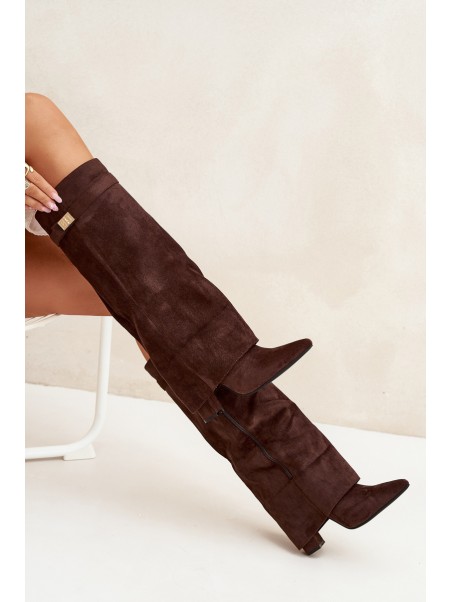 Eco Suede Boots Heel Block Zipper Insulated Folded Shaft Chocolate Evyra