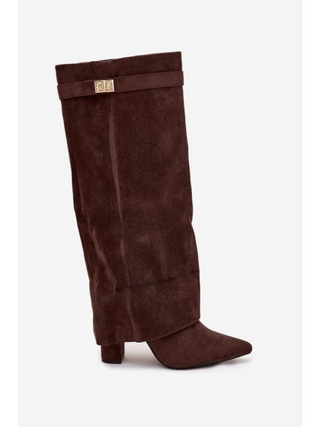 Eco Suede Boots Heel Block Zipper Insulated Folded Shaft Chocolate Evyra