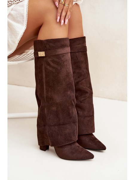 Eco Suede Boots Heel Block Zipper Insulated Folded Shaft Chocolate Evyra
