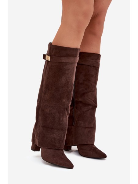 Eco Suede Boots Heel Block Zipper Insulated Folded Shaft Chocolate Evyra