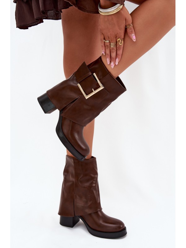 Womens Insulated Heeled Ankle Boots With Gold Buckle Brown Milira