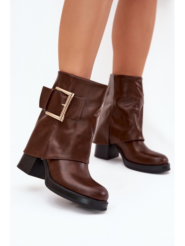Womens Insulated Heeled Ankle Boots With Gold Buckle Brown Milira 2