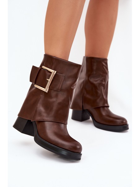 Womens Insulated Heeled Ankle Boots With Gold Buckle Brown Milira
