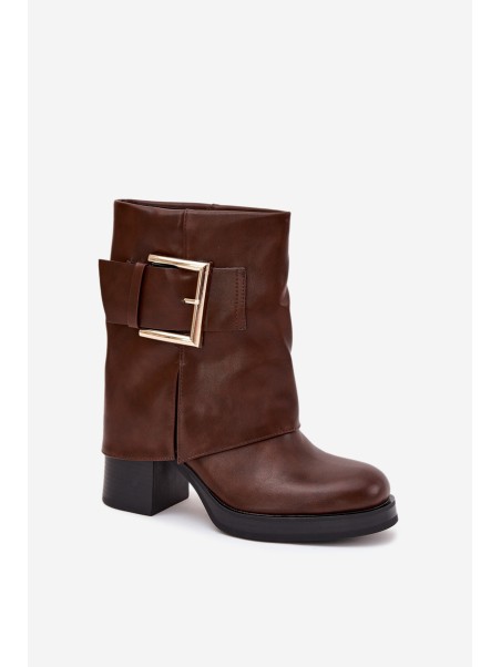 Womens Insulated Heeled Ankle Boots With Gold Buckle Brown Milira