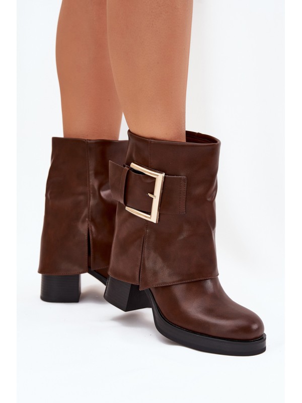 Womens Insulated Heeled Ankle Boots With Gold Buckle Brown Milira