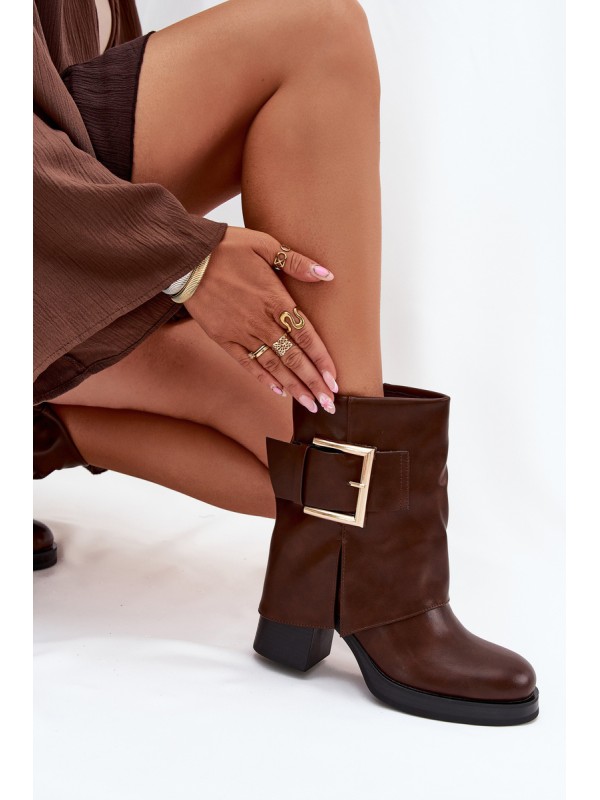 Womens Insulated Heeled Ankle Boots With Gold Buckle Brown Milira