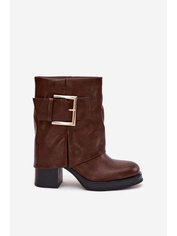 Womens Insulated Heeled Ankle Boots With Gold Buckle Brown Milira