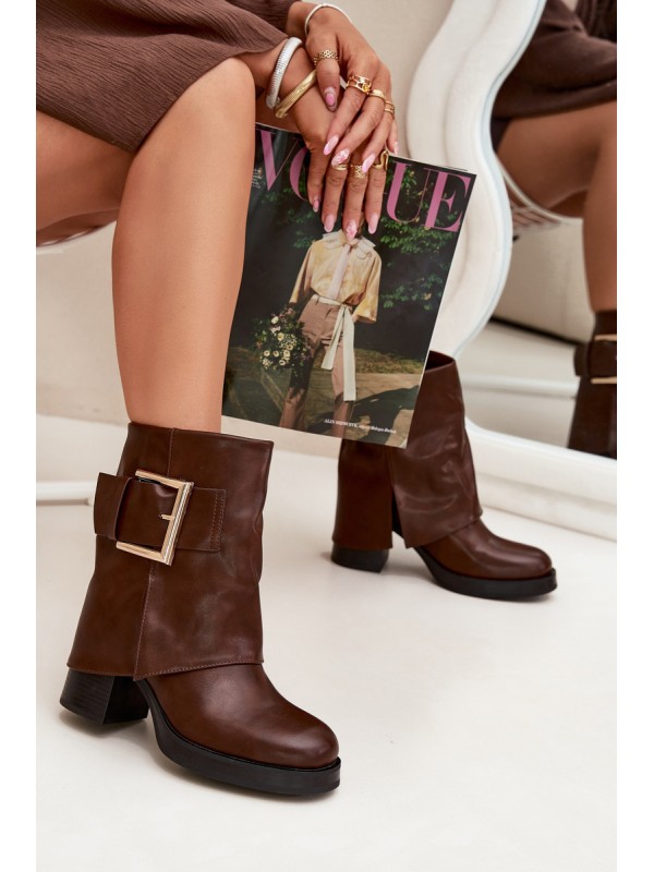 Womens Insulated Heeled Ankle Boots With Gold Buckle Brown Milira