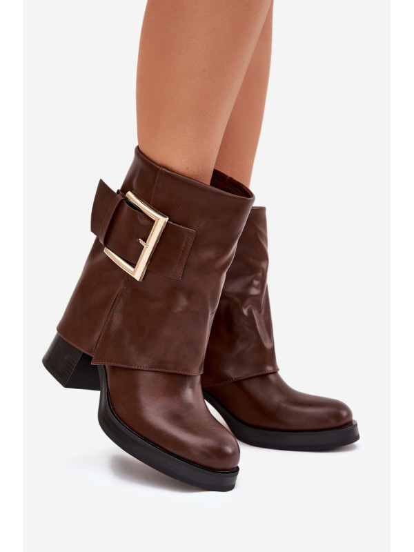 Womens Insulated Heeled Ankle Boots With Gold Buckle Brown Milira