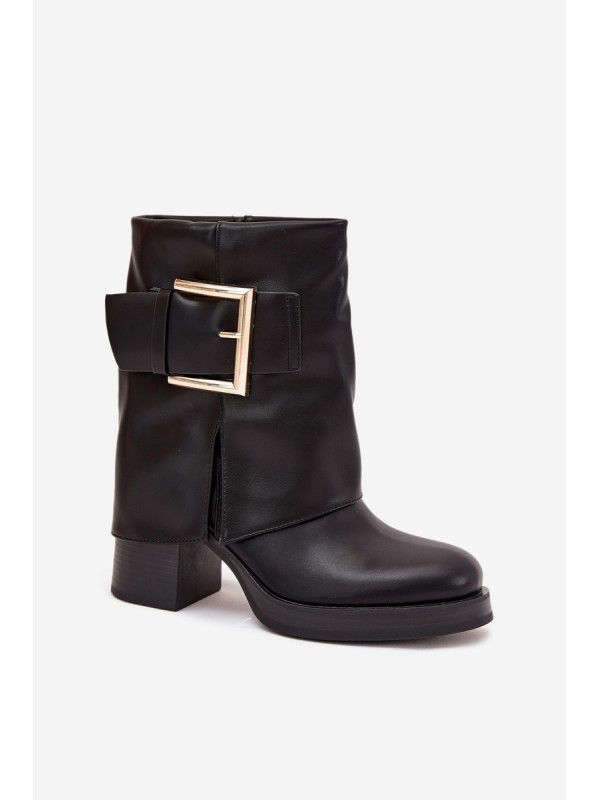Women's Insulated Heeled Boots with Golden Buckle Black Milira