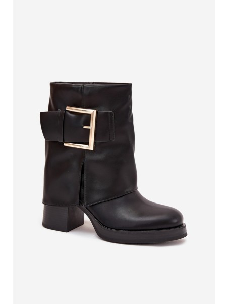 Women's Insulated Heeled Boots with Golden Buckle Black Milira