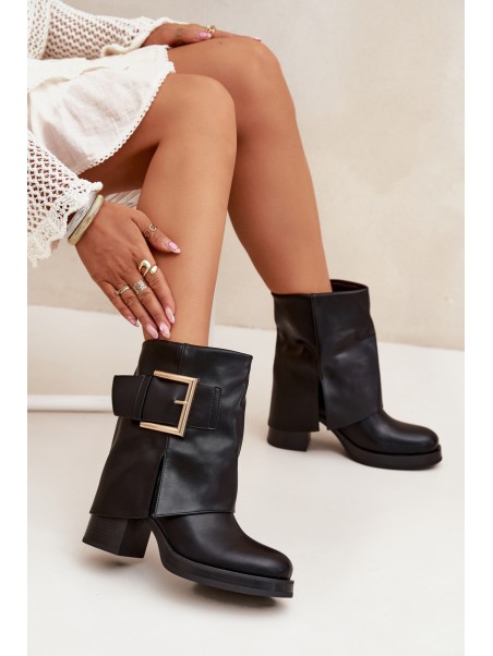 Women's Insulated Heeled Boots with Golden Buckle Black Milira