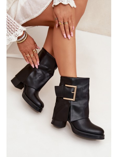 Women's Insulated Heeled Boots with Golden Buckle Black Milira
