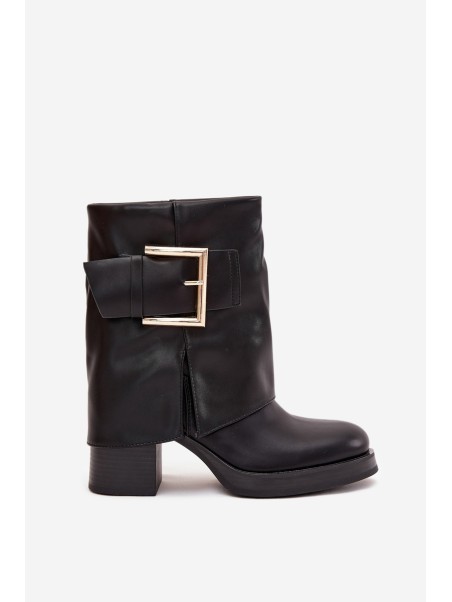 Women's Insulated Heeled Boots with Golden Buckle Black Milira