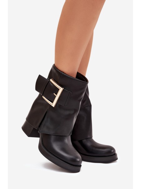 Women's Insulated Heeled Boots with Golden Buckle Black Milira