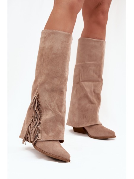 Ladies Slip-On Cowboy Boots With Heel And Fringes Beige Zalia