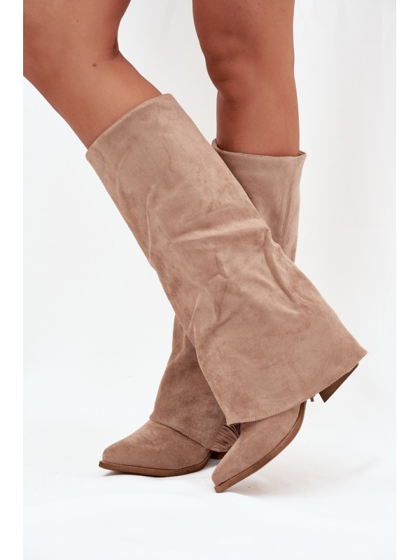 Ladies Slip-On Cowboy Boots With Heel And Fringes Beige Zalia